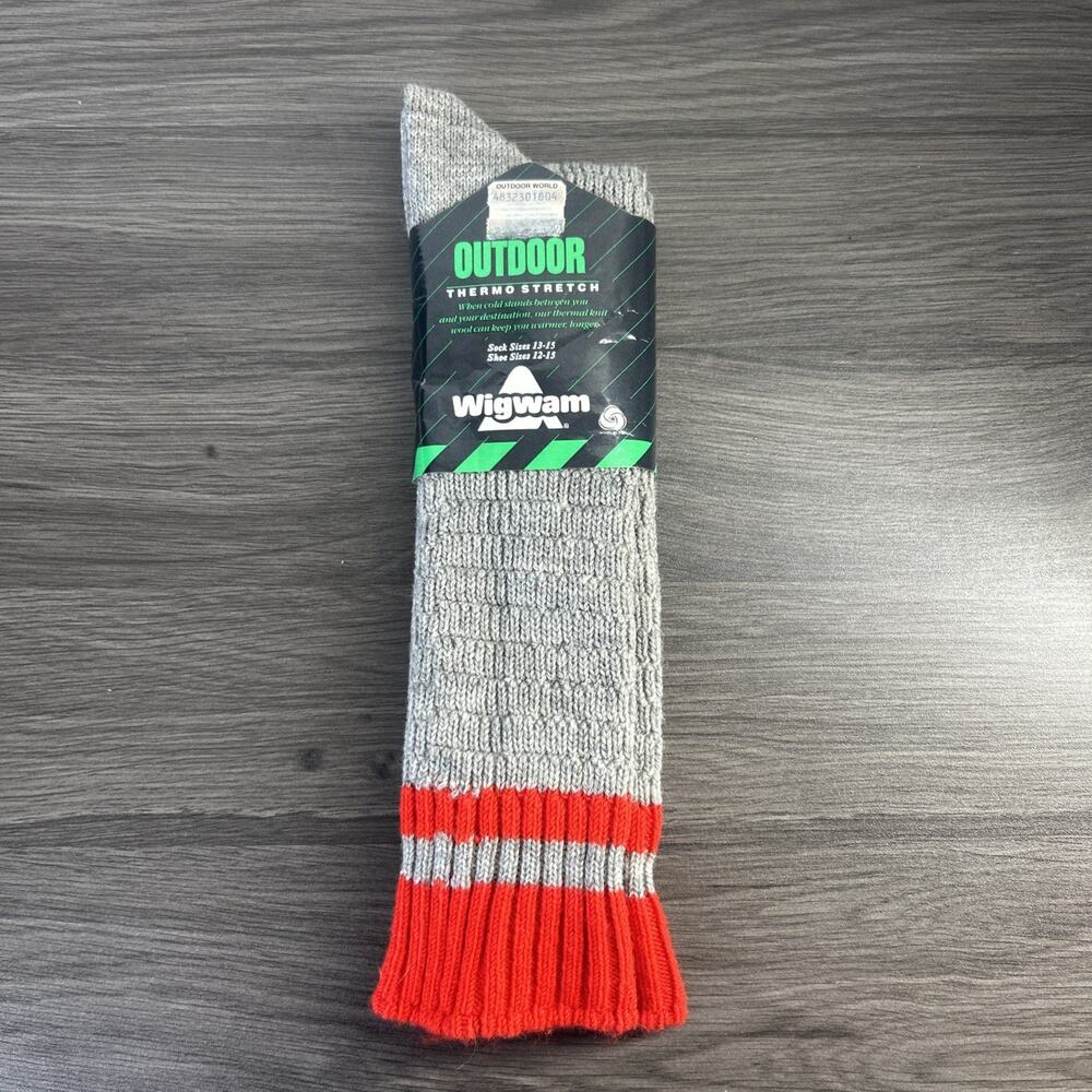 Wigwam Thermo Stretch Wool Socks Mens 12-15 USA Vintage 80s NOS Gray Red Outdoor